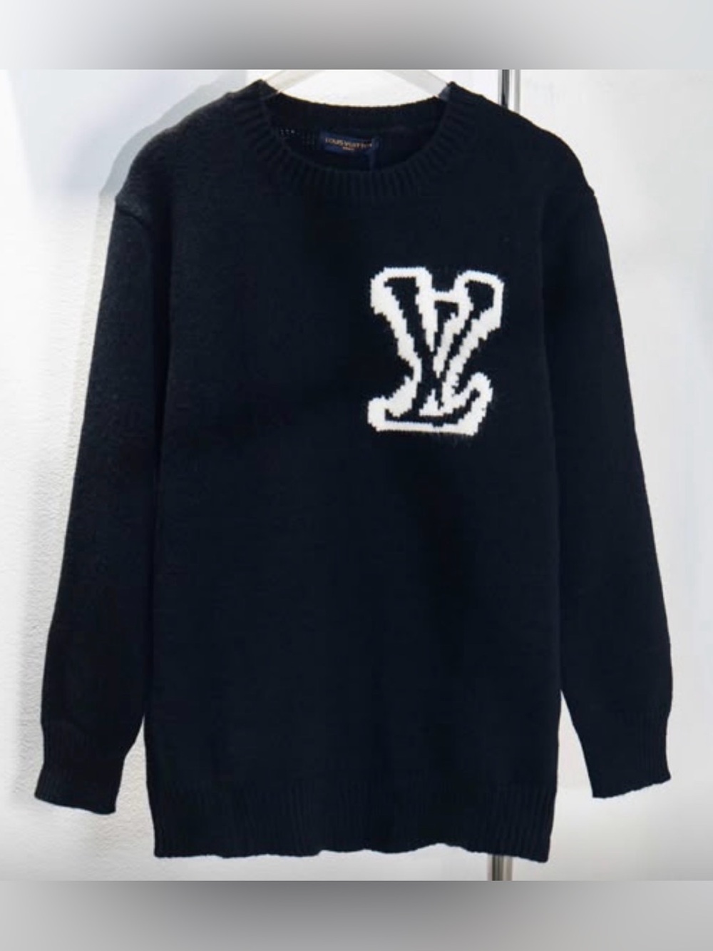 Louis Vuitton Black Crewneck Sweater with White LV Patch